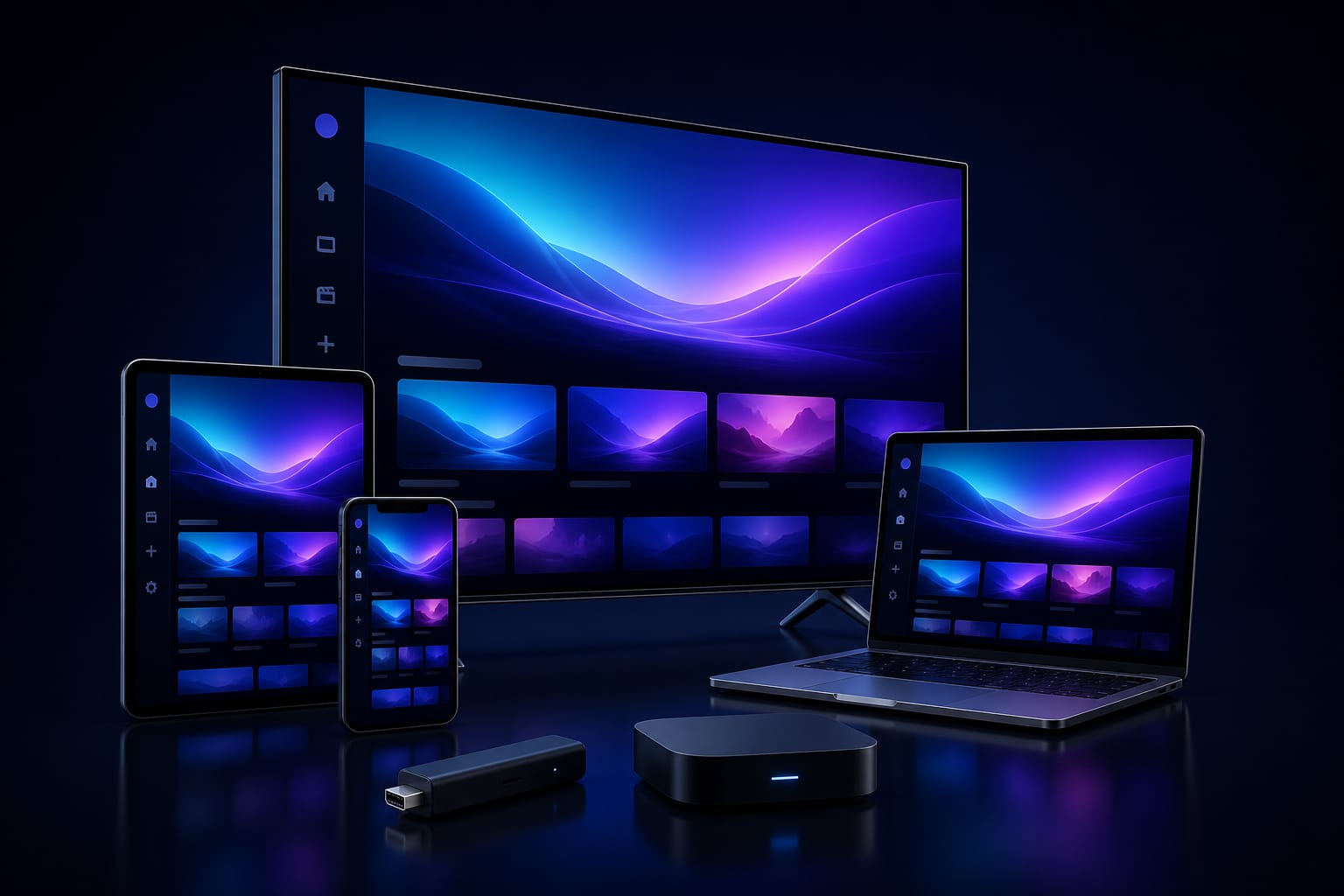 Android phone, tablet and TV box running the same streaming interface