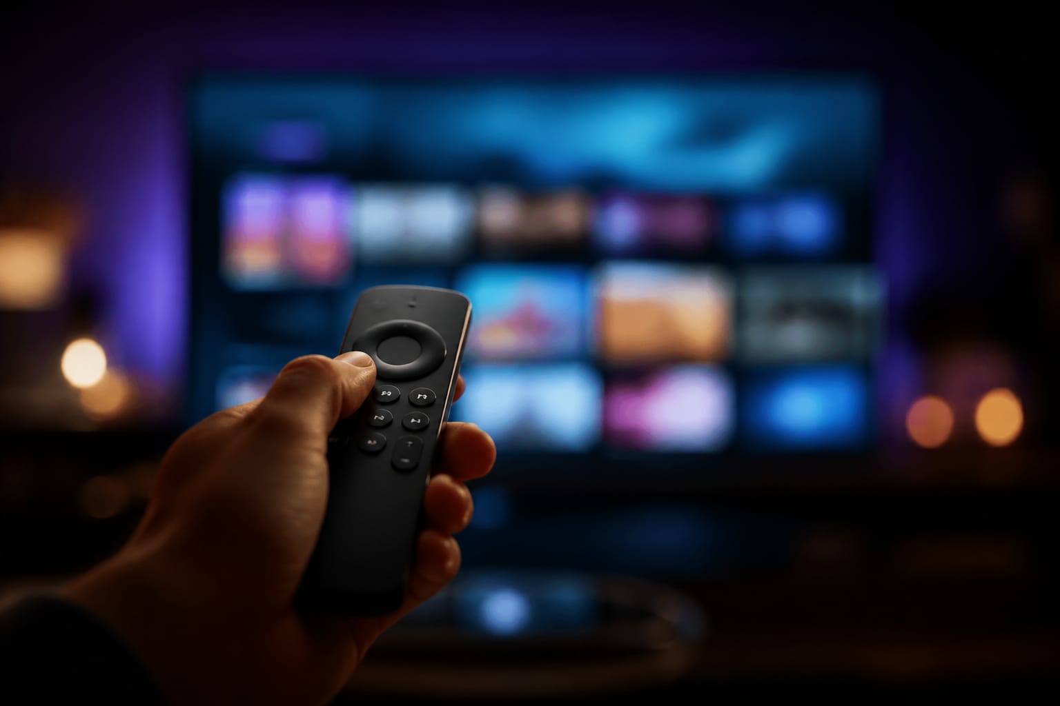 A hand holding a streaming remote in front of a television, illustrating IPTV setup