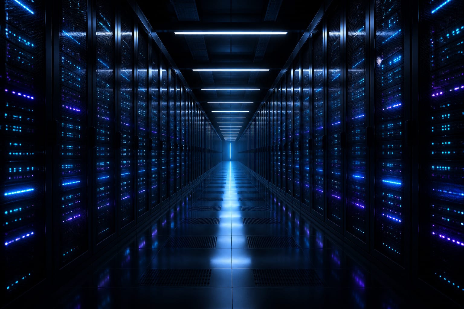Dark data centre corridor lined with server racks, representing DrexTV's 14 IPTV edge locations