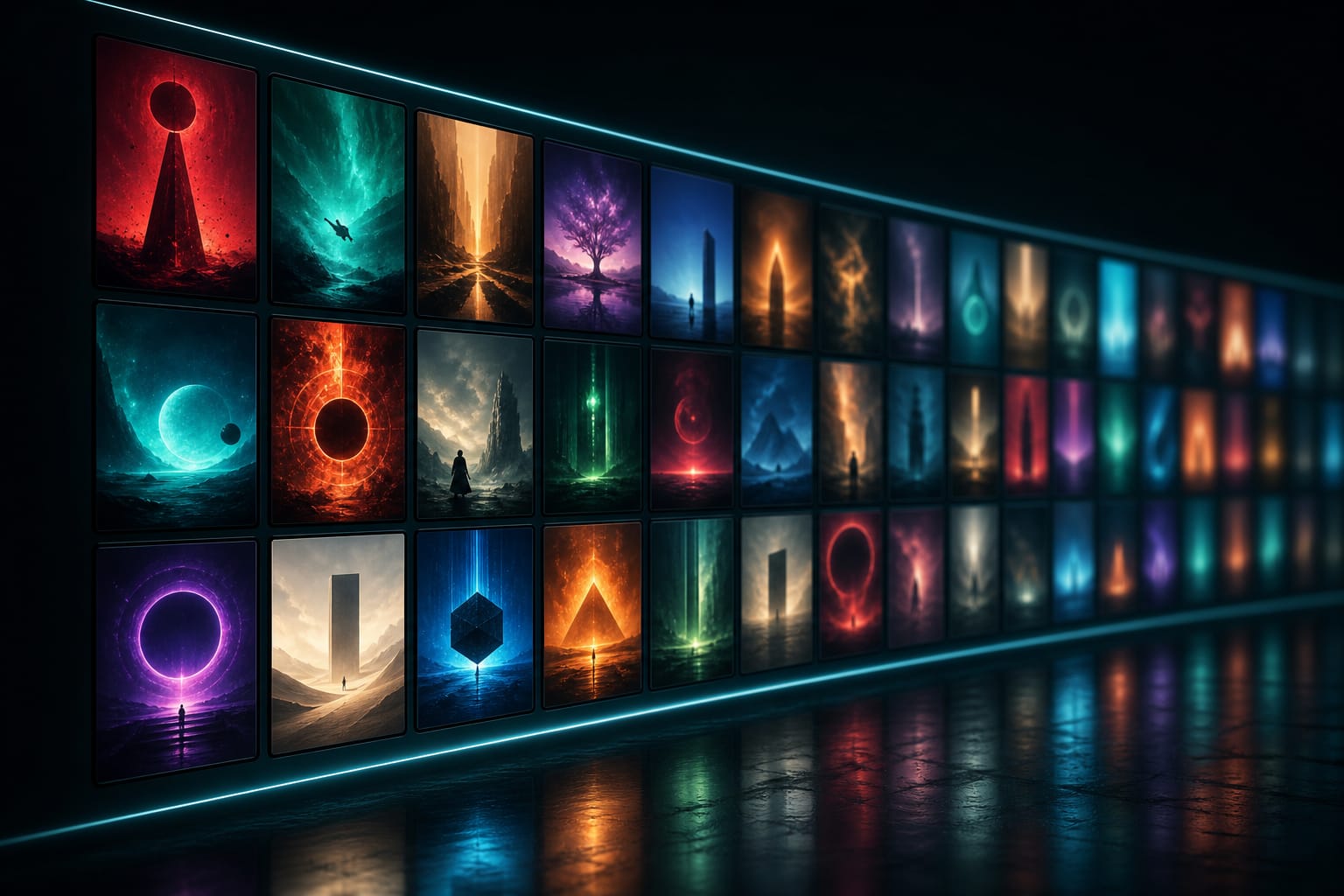 A curved wall of glowing content tiles representing the DrexTV channel and on-demand library